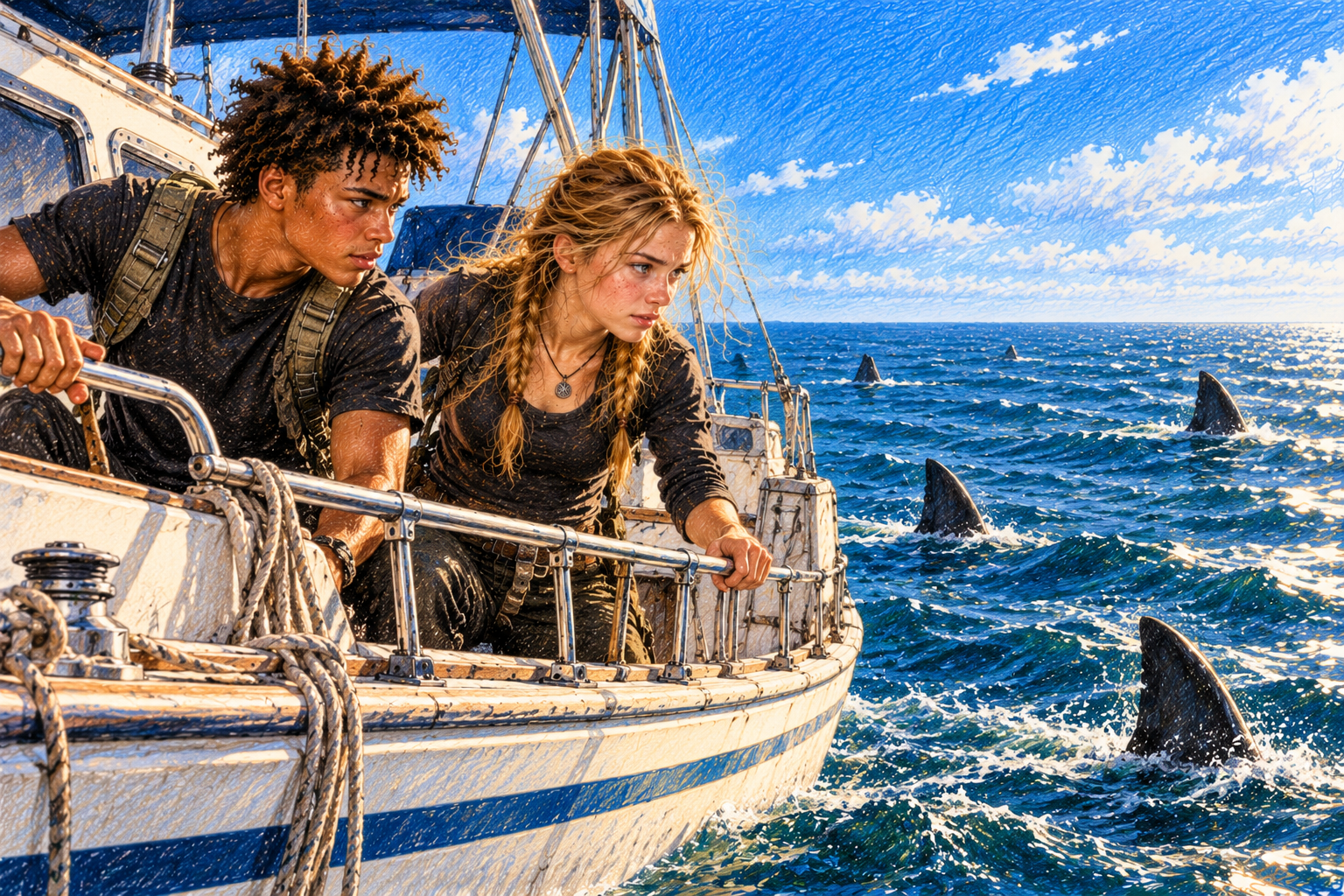 Katie and Roger aboard their boat on open water